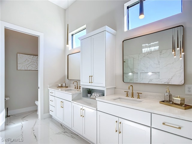 bathroom featuring vanity, a shower, and toilet