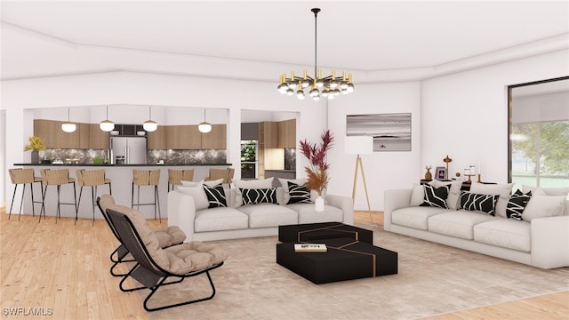 living room with light wood-type flooring and a chandelier