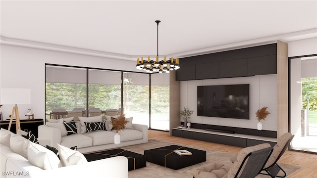 living room featuring light hardwood / wood-style flooring and an inviting chandelier