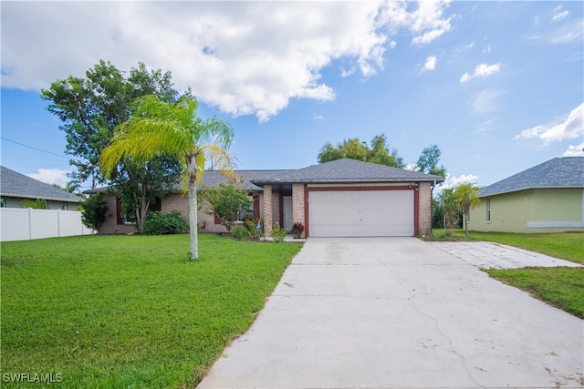 ranch-style house with a garage and a front lawn