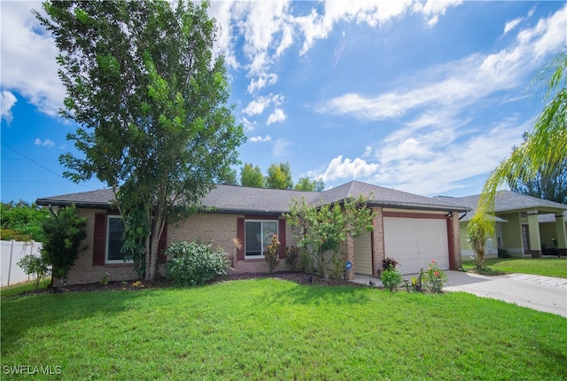 ranch-style house with a garage and a front lawn