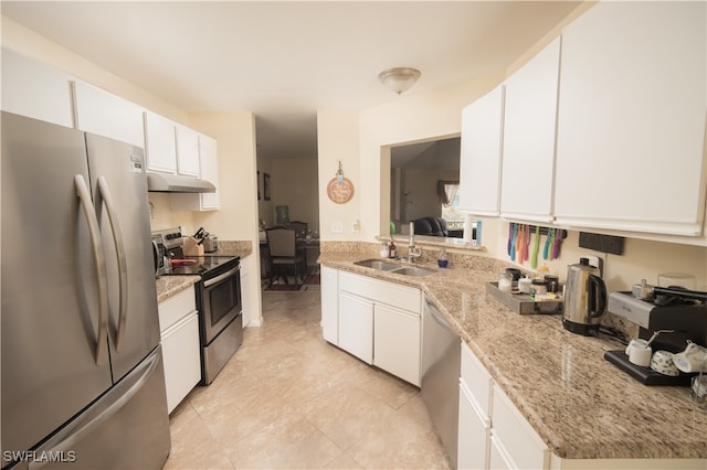 kitchen with sink, white cabinetry, kitchen peninsula, appliances with stainless steel finishes, and light stone countertops