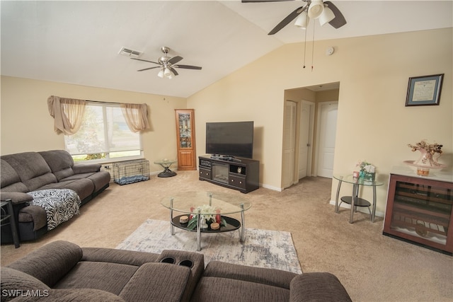 carpeted living room with lofted ceiling and ceiling fan