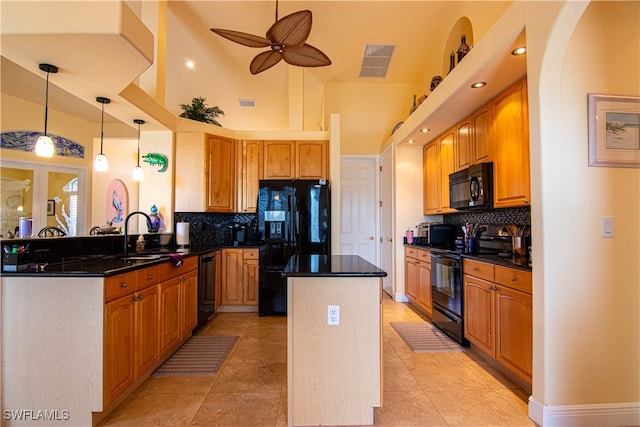 kitchen with tasteful backsplash, ceiling fan, sink, black appliances, and high vaulted ceiling