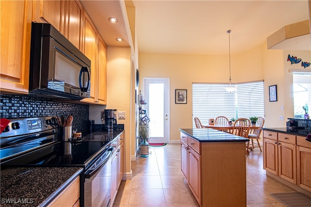 kitchen featuring backsplash, a kitchen island, hanging light fixtures, stainless steel range with electric cooktop, and light tile patterned flooring