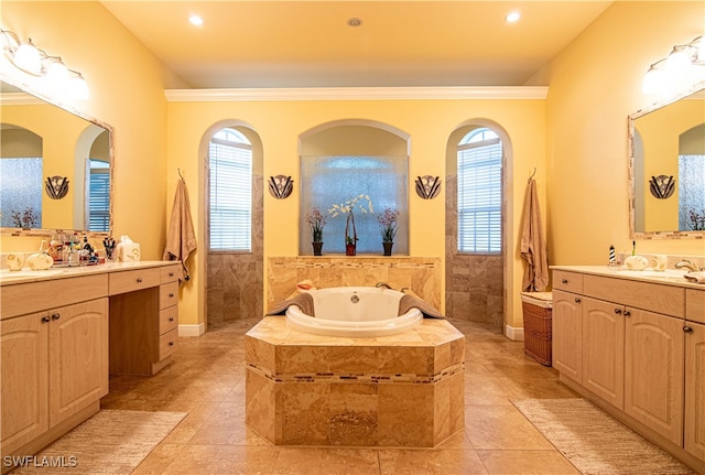 bathroom featuring tile patterned floors, vanity, ornamental molding, and plus walk in shower