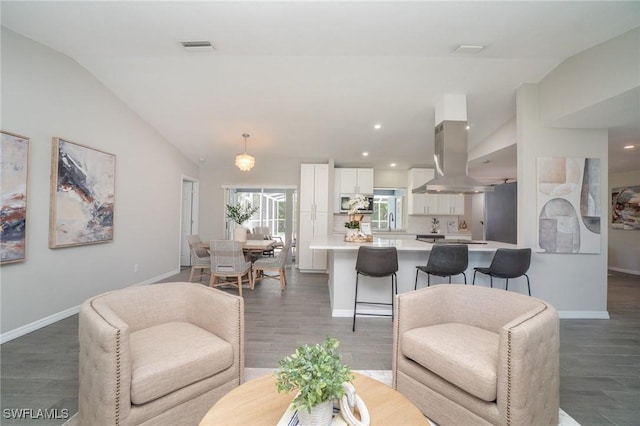 living room featuring lofted ceiling