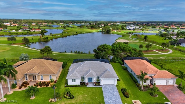 birds eye view of property featuring a water view