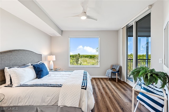 bedroom with ceiling fan, wood-type flooring, and access to outside