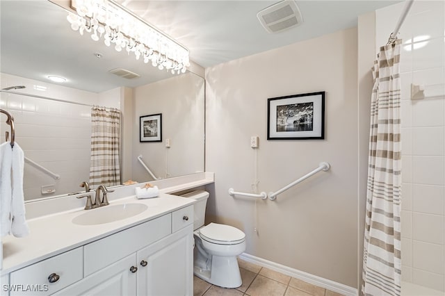 bathroom with a shower with curtain, tile patterned flooring, vanity, and toilet