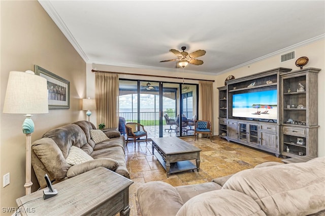 living room with ceiling fan and ornamental molding