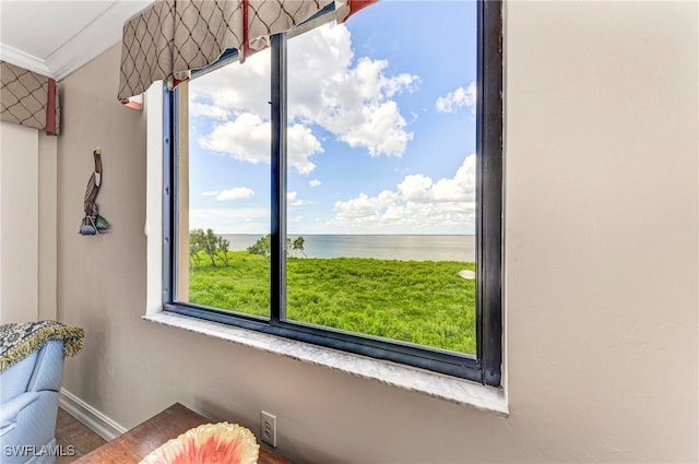 interior details featuring a water view and crown molding