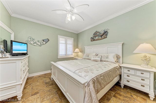 bedroom featuring ceiling fan and crown molding