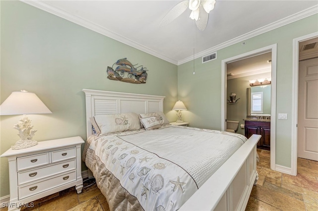 bedroom with crown molding and ceiling fan