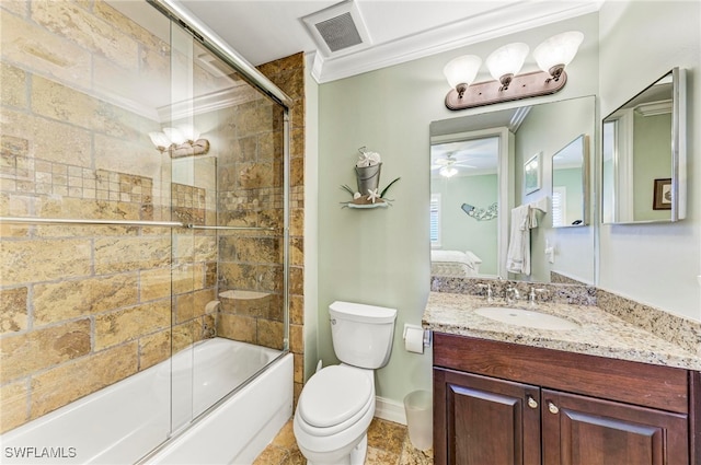 full bathroom featuring enclosed tub / shower combo, ceiling fan, vanity, ornamental molding, and toilet