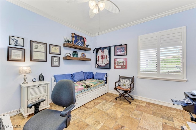 office space with ceiling fan and crown molding