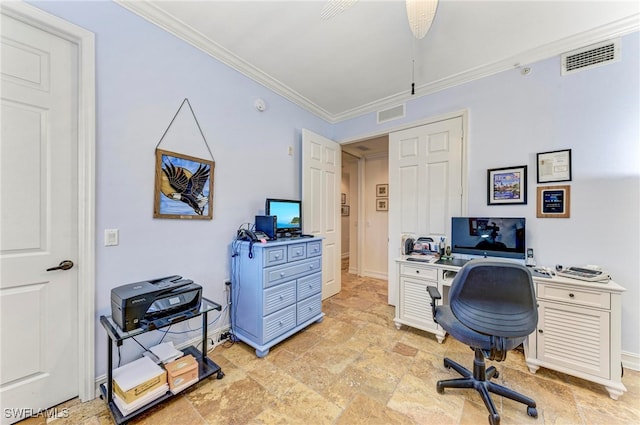 office space featuring ceiling fan and ornamental molding