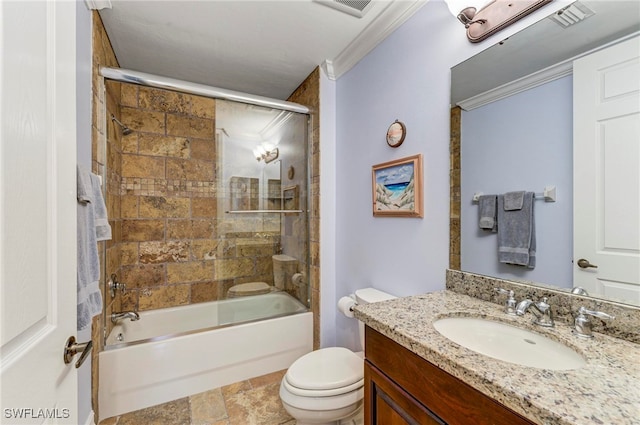 full bathroom with crown molding, combined bath / shower with glass door, vanity, and toilet