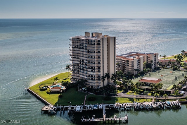 drone / aerial view with a water view