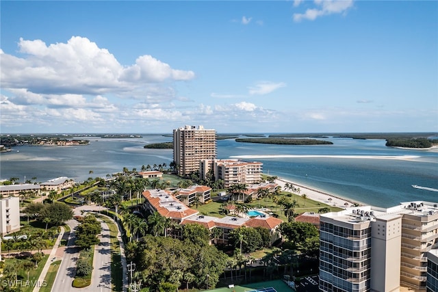 drone / aerial view with a water view