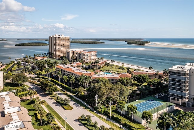 drone / aerial view with a water view