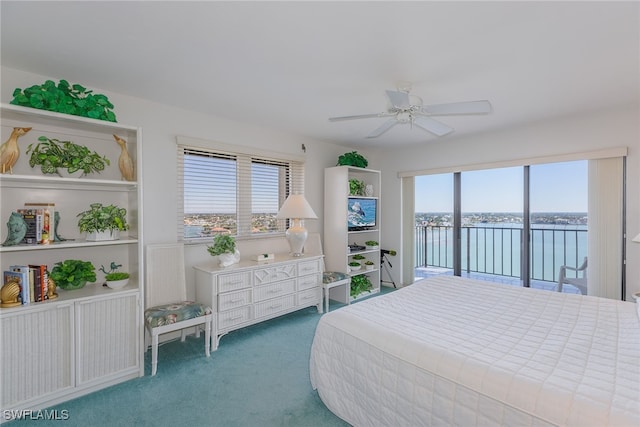 bedroom featuring multiple windows, carpet flooring, ceiling fan, and access to exterior