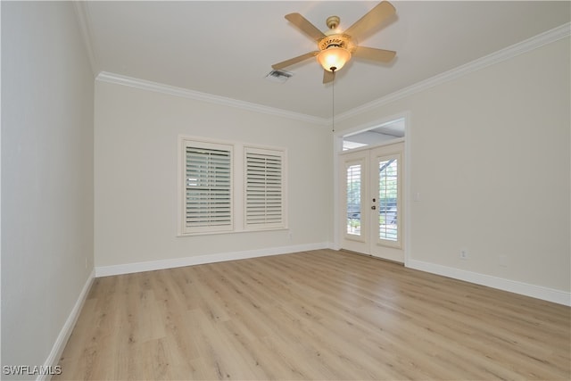 unfurnished room with light hardwood / wood-style flooring, ornamental molding, french doors, and ceiling fan