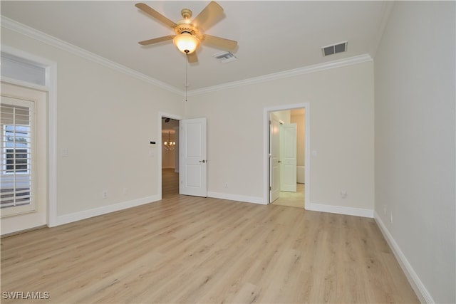 unfurnished bedroom with light hardwood / wood-style flooring, ceiling fan, and crown molding