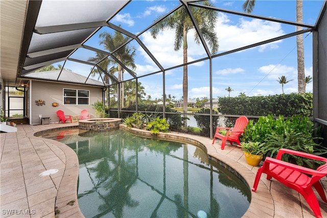 view of swimming pool featuring a water view, an in ground hot tub, a patio, and a lanai