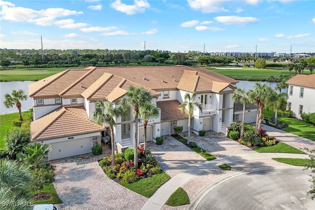 bird's eye view with a water view