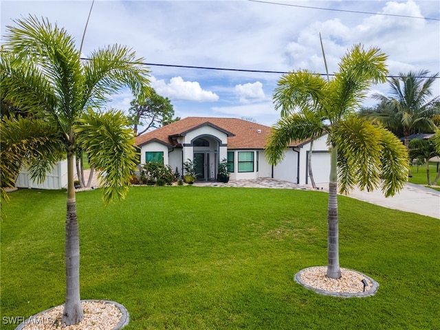 view of front of house featuring a garage and a front lawn