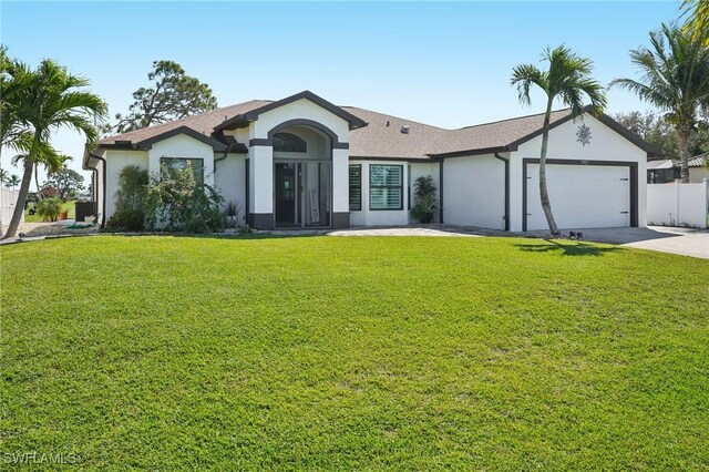 view of front of house featuring an attached garage, concrete driveway, a front yard, and stucco siding