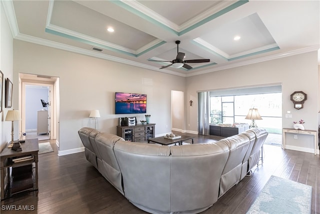 living room featuring ceiling fan, coffered ceiling, dark hardwood / wood-style floors, and crown molding