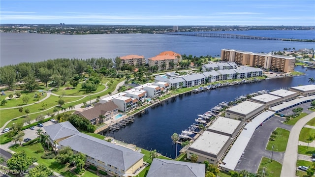 drone / aerial view featuring a water view