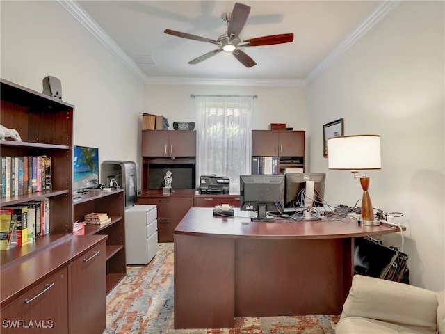 office featuring ceiling fan and crown molding