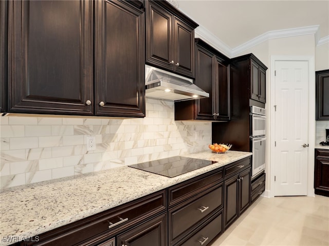 kitchen featuring backsplash, black electric stovetop, ornamental molding, double oven, and light stone counters