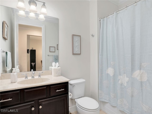 full bathroom with toilet, vanity, shower / bath combination with curtain, and ornamental molding