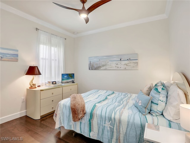 bedroom featuring wood-type flooring, ceiling fan, and ornamental molding