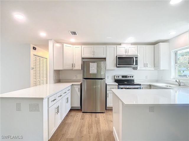 kitchen featuring light hardwood / wood-style flooring, white cabinetry, kitchen peninsula, and appliances with stainless steel finishes