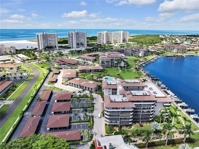 drone / aerial view featuring a water view