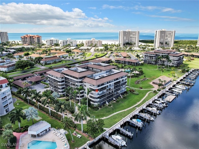 drone / aerial view featuring a water view