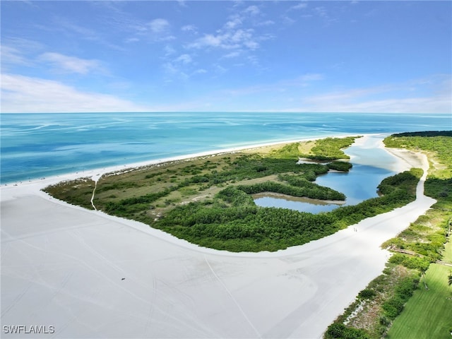 aerial view with a water view and a beach view