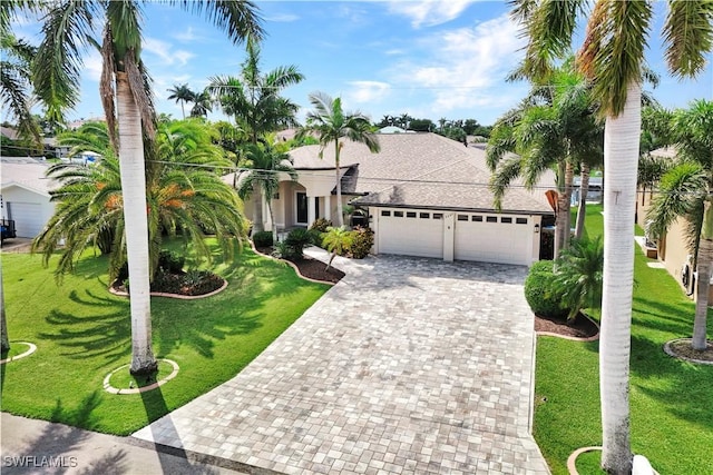 mediterranean / spanish-style home featuring a front yard, decorative driveway, an attached garage, and stucco siding