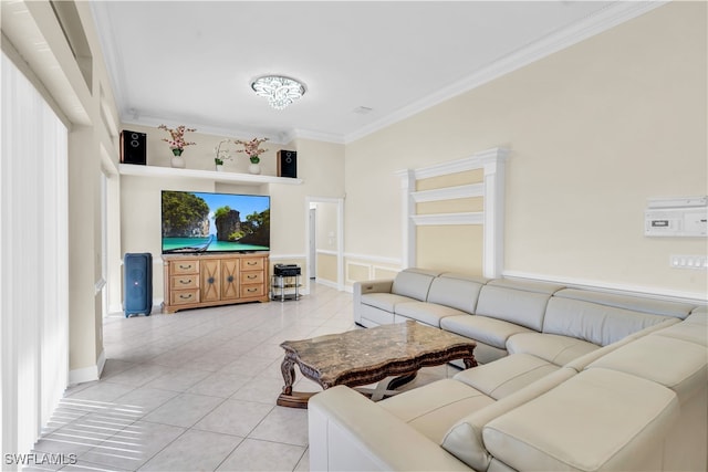 living room with light tile patterned floors and crown molding