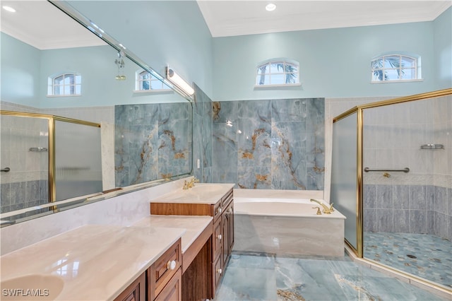 bathroom featuring separate shower and tub, vanity, and crown molding