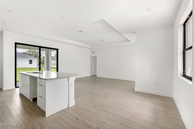 kitchen featuring an island with sink, white cabinets, light wood-type flooring, a tray ceiling, and sink