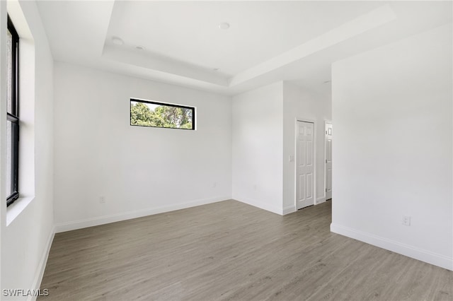 empty room featuring a tray ceiling and light hardwood / wood-style floors