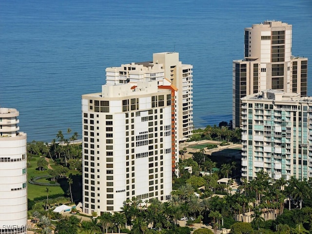 aerial view featuring a water view