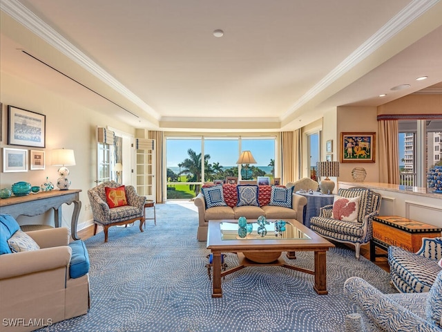 4201 Gulf Shore Blvd N Unit 402, Naples, FL 34103 - carpeted living area with ornamental molding and a tray ceiling