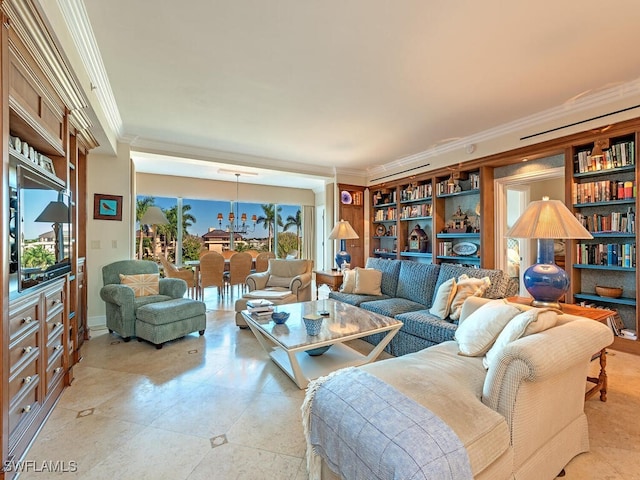 living room with ornamental molding